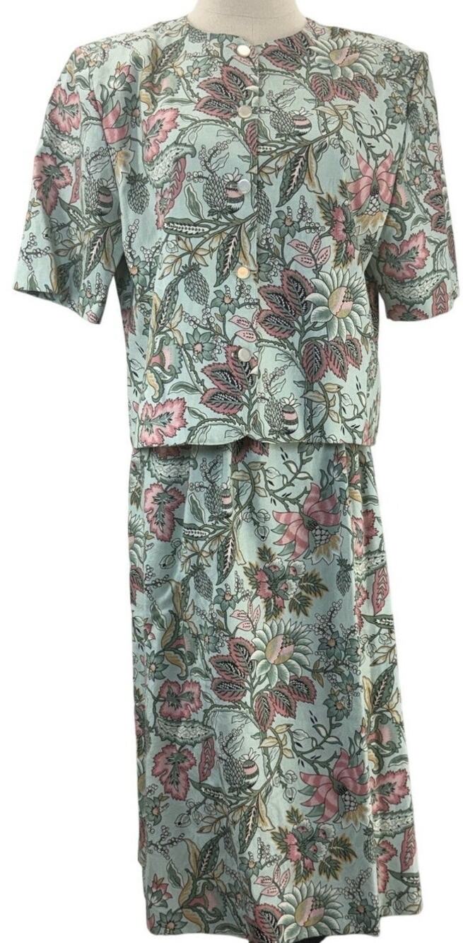 Vintage 90s Norton Women's 12 McNaughton Petites Floral Skirt Blouse Set USA